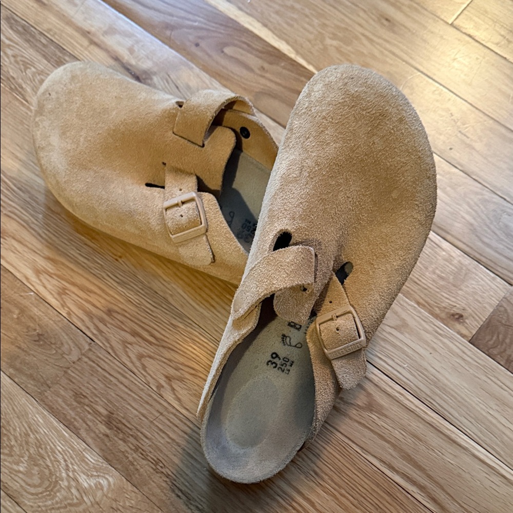 Birkenstock Beige Suede Clogs with Buckle